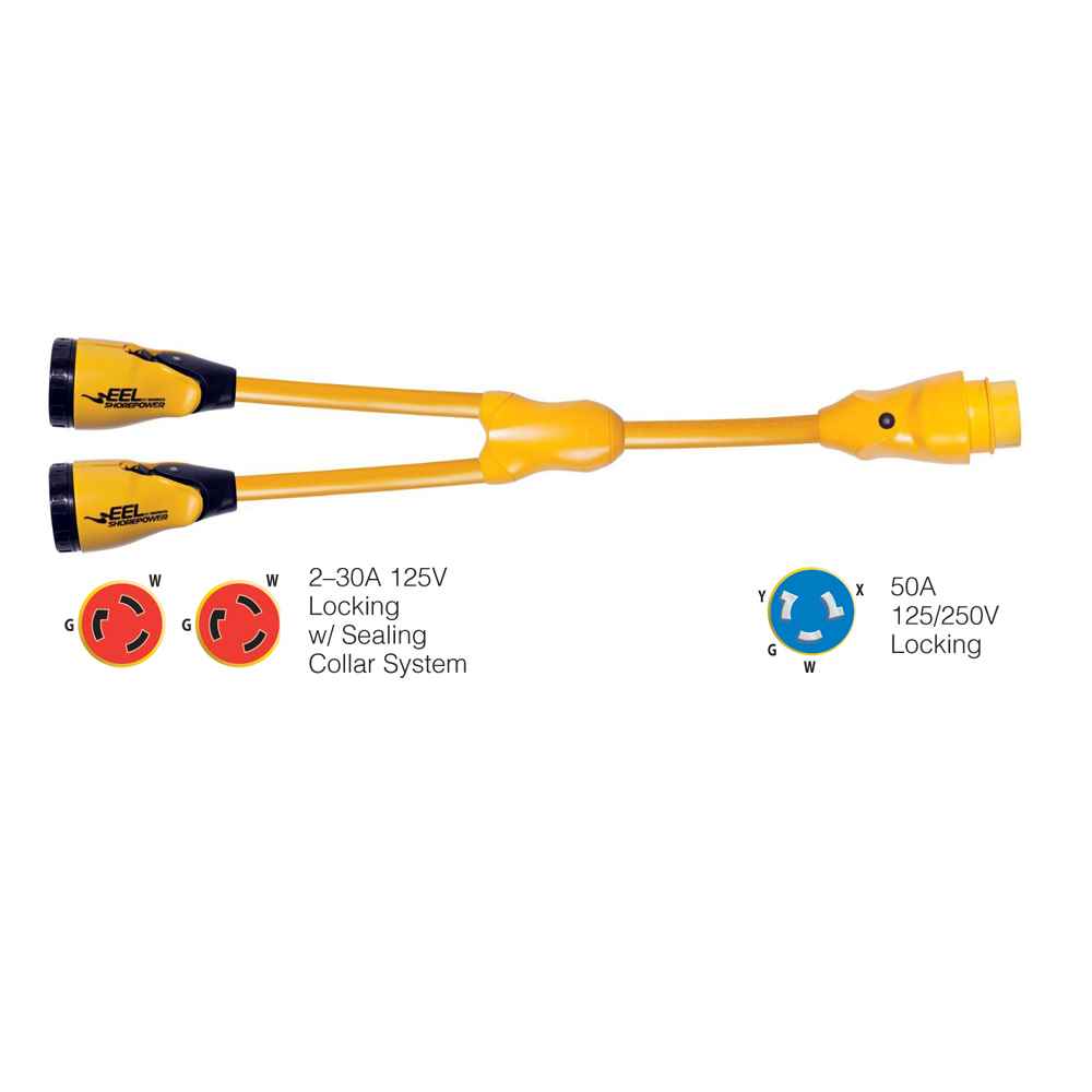 Y504 - 2 - 30 EEL (2) - 30A - 125V Female to (1) 50A - 125/250V Male "Y" Adapter - Yellow - Young Farts RV Parts