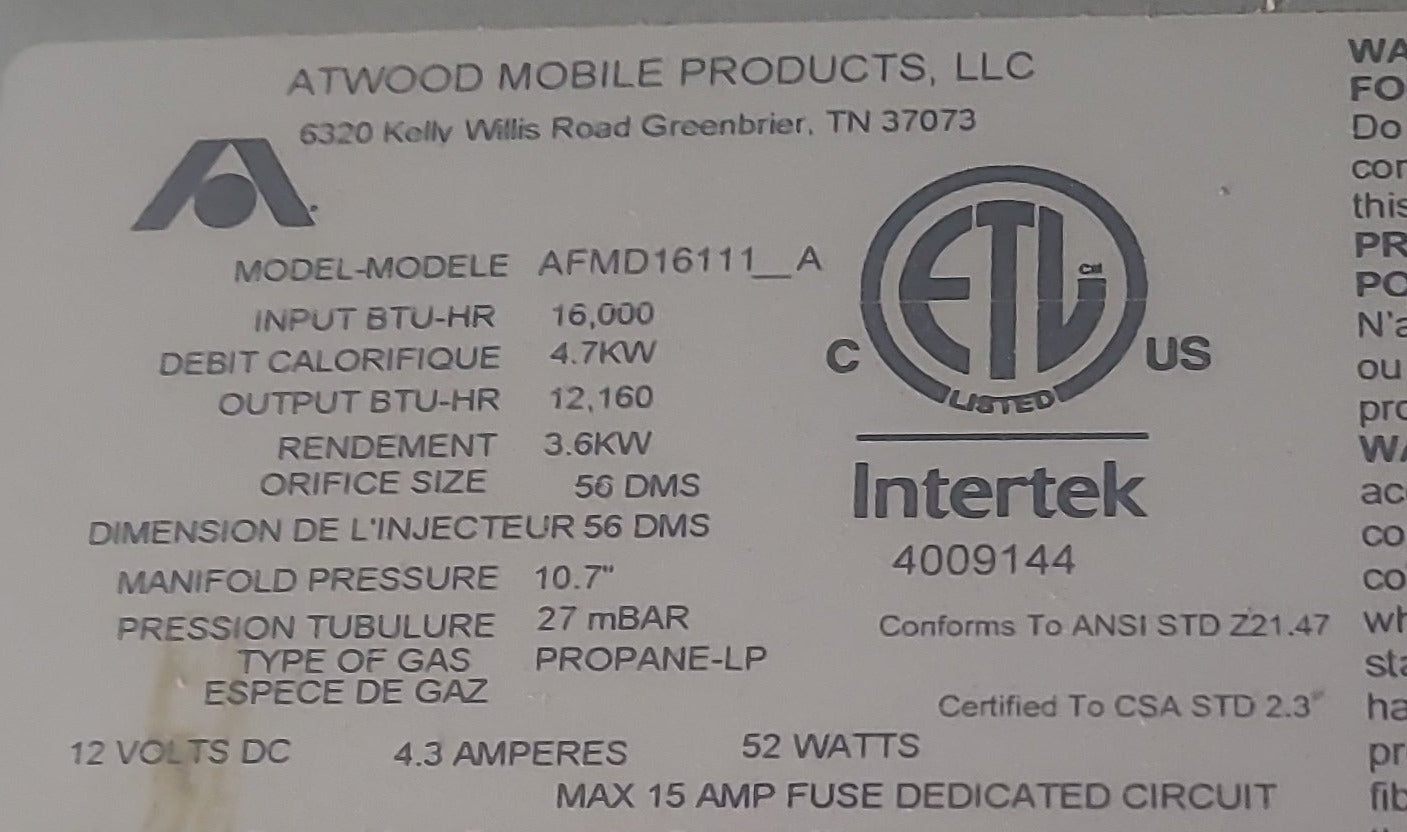 16000 BTU USED AFMD16111_A Atwood HYDROFLAME Propane Furnace - Young Farts RV Parts