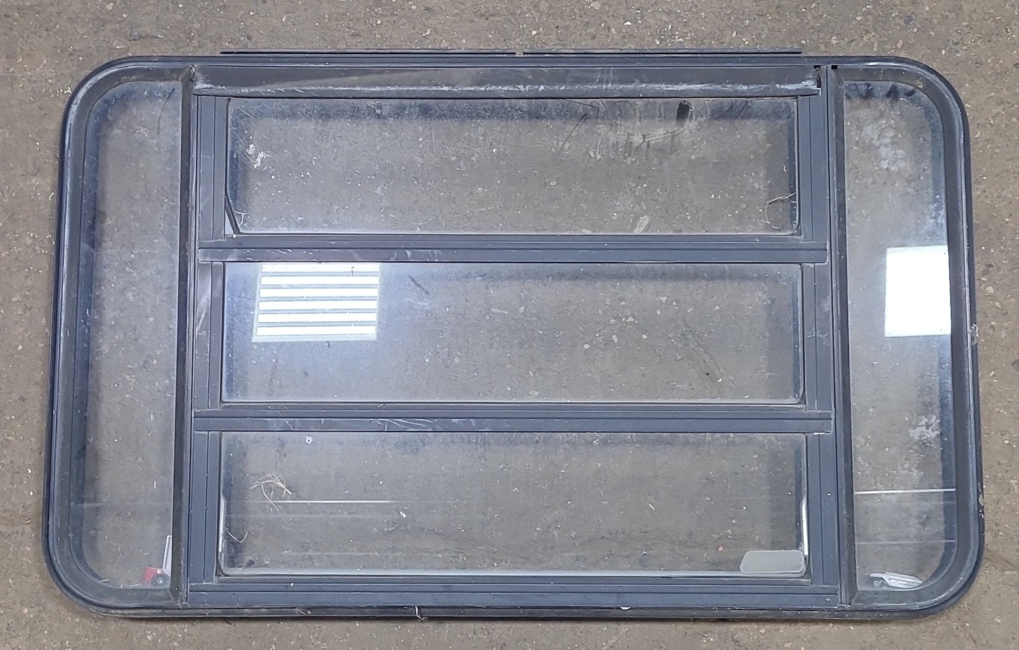 Black Radius Emergency Opening Window : 34 1/4" W X 20 7/8" H X 1 1/2" D - Young Farts RV Parts