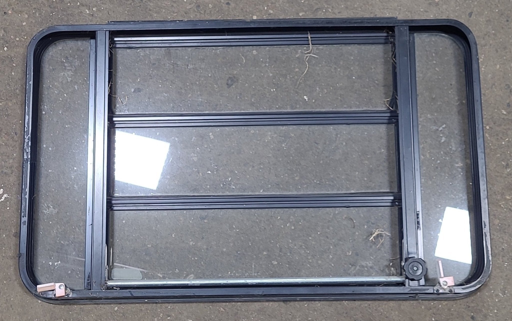 Black Radius Emergency Opening Window : 34 1/4" W X 20 7/8" H X 1 1/2" D - Young Farts RV Parts