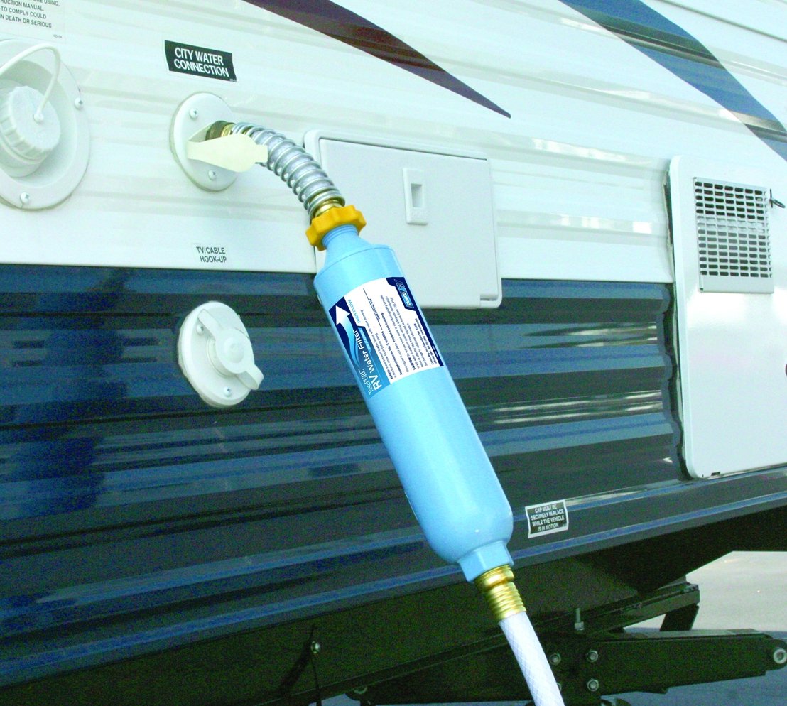 Camco 40013 TastePURE KDF/Carbon Water Filter - Filter with hose protector, Bilingual - Young Farts RV Parts