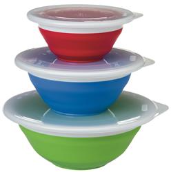 Kitchen Bowl Progressive International CB-25 Thinstore ™, Storage Bowl Set, Blue/ Green/ Red, One 1.5 Cup Capacity/ One 3 Cup Capacity/ One 5 Cup Capacity, Round, Collapses To 1/2 Of Its Original Size, Dishwasher Safe, Polypropylene Plastic, Set Of 3 - Young Farts RV Parts