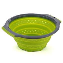 Kitchen Strainer Progressive International PS-3507 Prep ® Solutions, Collapsible Type, Collapses To 1" Thickness, 3 Quart Capacity, Dishwasher Safe, Green And Gray, Silicone, Single, With Soft Grip Handle, 11.18" Width x 10" Depth x 1" Height - Young Farts RV Parts