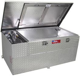 Liquid Transfer Tank RDS Tanks 73326 DOT Approved, Gasoline or Diesel, Combo, 20" Length x 44" Width x 10" Height Tool Box, 20" Length x 55" Width x 22-3/4" Height Transfer Tank, 60 Gallon Capacity, Diamond Tread, Aluminum - Young Farts RV Parts