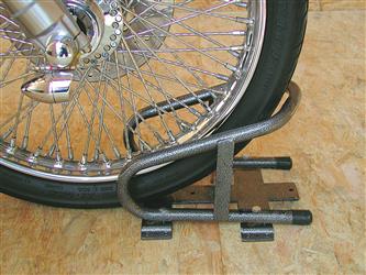 Motorcycle Wheel Chock Rack-Em RA-17 Use To Hold Bikes Upright For Towing Purpose/ Space Saving For Storage; Black/ Gray; Steel - Young Farts RV Parts