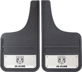Mud Flap Plasticolor 001835R01 Universal 12" x 23", Set Of 2, Flat, Ram Logo With Stainless Steel Insert, Black, Reinforced Fiberglass - Young Farts RV Parts