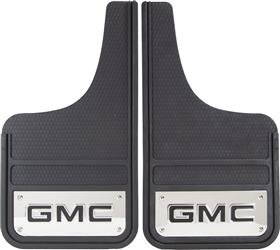 Mud Flap Plasticolor 001841R01 Heavy Duty, Universal 12" x 23", Set Of 2, Flat, GMC Logo On Stainless Steel Plate, Black, Fiberglass Reinforced - Young Farts RV Parts