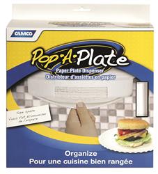 Plate Holder Camco 57001 Pop-A-Plate, For 9" Paper or Plastic Plates, Under Cabinet Screw In Mount, White, Plastic - Young Farts RV Parts