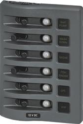 Power Distribution Box Blue Sea 4376 - BSS WeatherDeck ®; CLB Circuit Breakers Panel; 15 Amps At 12 Volts DC/ 9 Amps At 24 Volts DC; CLB Circuit Breakers; 6 Positions; Gray; Reinforced Polycarbonate; 4 - 1/4" x 6" x 3 - 1/2" - Young Farts RV Parts