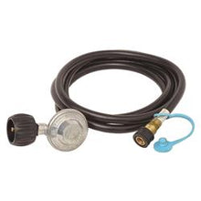 Load image into Gallery viewer, Propane Regulator Flame King 106095-96 90 Degree Low Pressure Regulator; Outlet Pressure Of 11&quot; WC (Water Column); 65000 BTU Per Hour; With Type 1 Tank Connection/ 96&quot; x 3/8&quot; Female Quick Connect Hose; UL144/ UL569 Approved; Female Quick Disconnect Outlet - Young Farts RV Parts