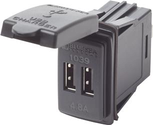 Receptacle Blue Sea 1039-BSS Outdoor/ Indoor Use; 12/24 Volts Input; 5 Volts/ 4.8 Amps Output; Non Ground Fault Interrupter; Dual Receptacle; Contura Switch Mount; Black - Young Farts RV Parts