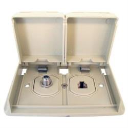 Receptacle Prime Products 08-6305 Outdoor Use; 75 Ohm F Style Connector Satellite Input And Modular Telephone Plug; Dual Receptacle; White - Young Farts RV Parts
