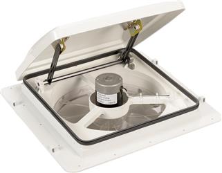 Roof Vent MaxxAir Ventilation Solutions 00-04002K MaxxFan® Plus, Manual Lift Opening, For 14" x 14" Vent, Fits Roof Depth 2" to 6-1/2" Thick, With Screen, With Fan, White, UV Resistant ABS Plastic Mounting Flange, With Thermostat/ White Interior Garnish/ - Young Farts RV Parts