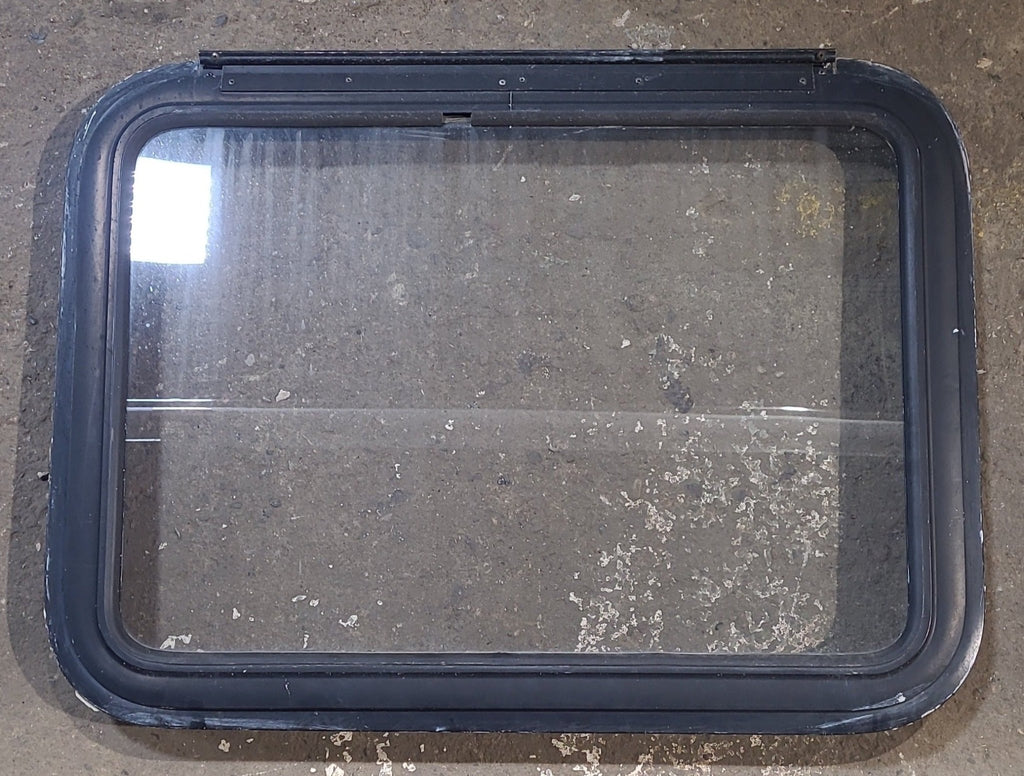 Used Black Radius Emergency Opening Window : 29 1/2" W x 21 1/2" H x 1 1/4" D - Young Farts RV Parts