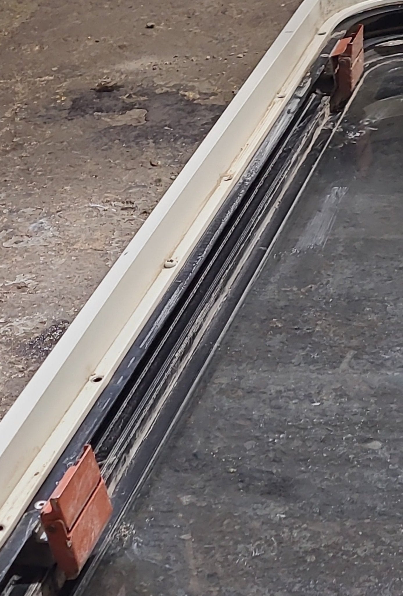 Used Black Radius Emergency Opening Window : 35 1/2" W x 21 3/4" H x 1 5/8" D - Young Farts RV Parts