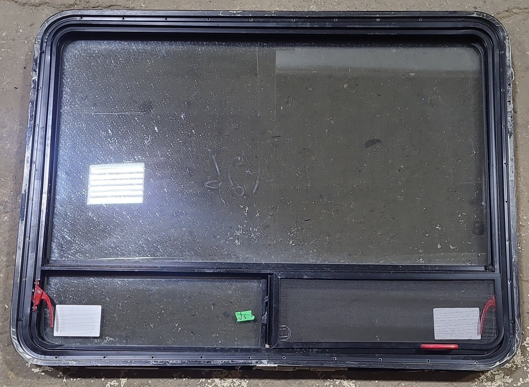 Used Black Radius Emergency Opening Window : 47 1/2" W x 35 1/4" H x 1 3/4" D - Young Farts RV Parts