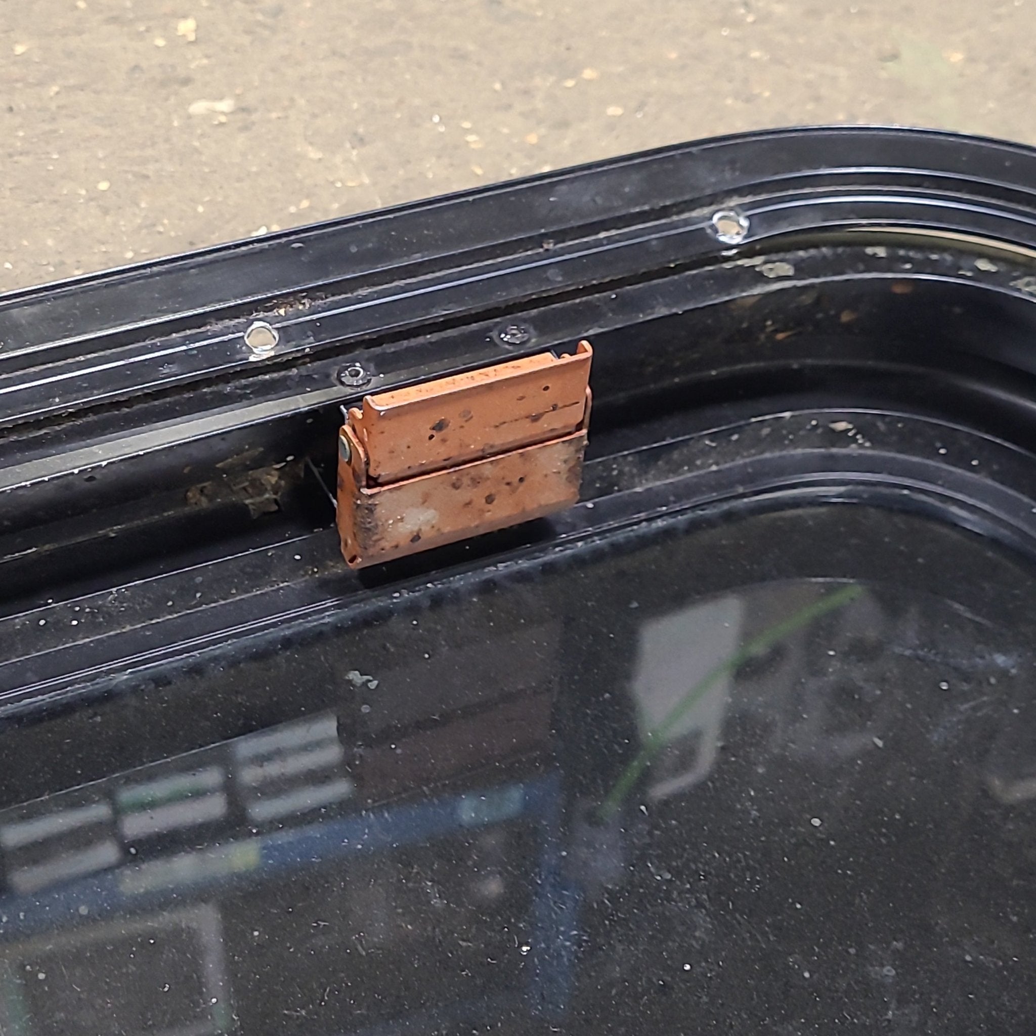 Used Black Radius Emergency Opening Window : 47 1/4" W x 22 1/2" H x 1 3/4" D - Young Farts RV Parts