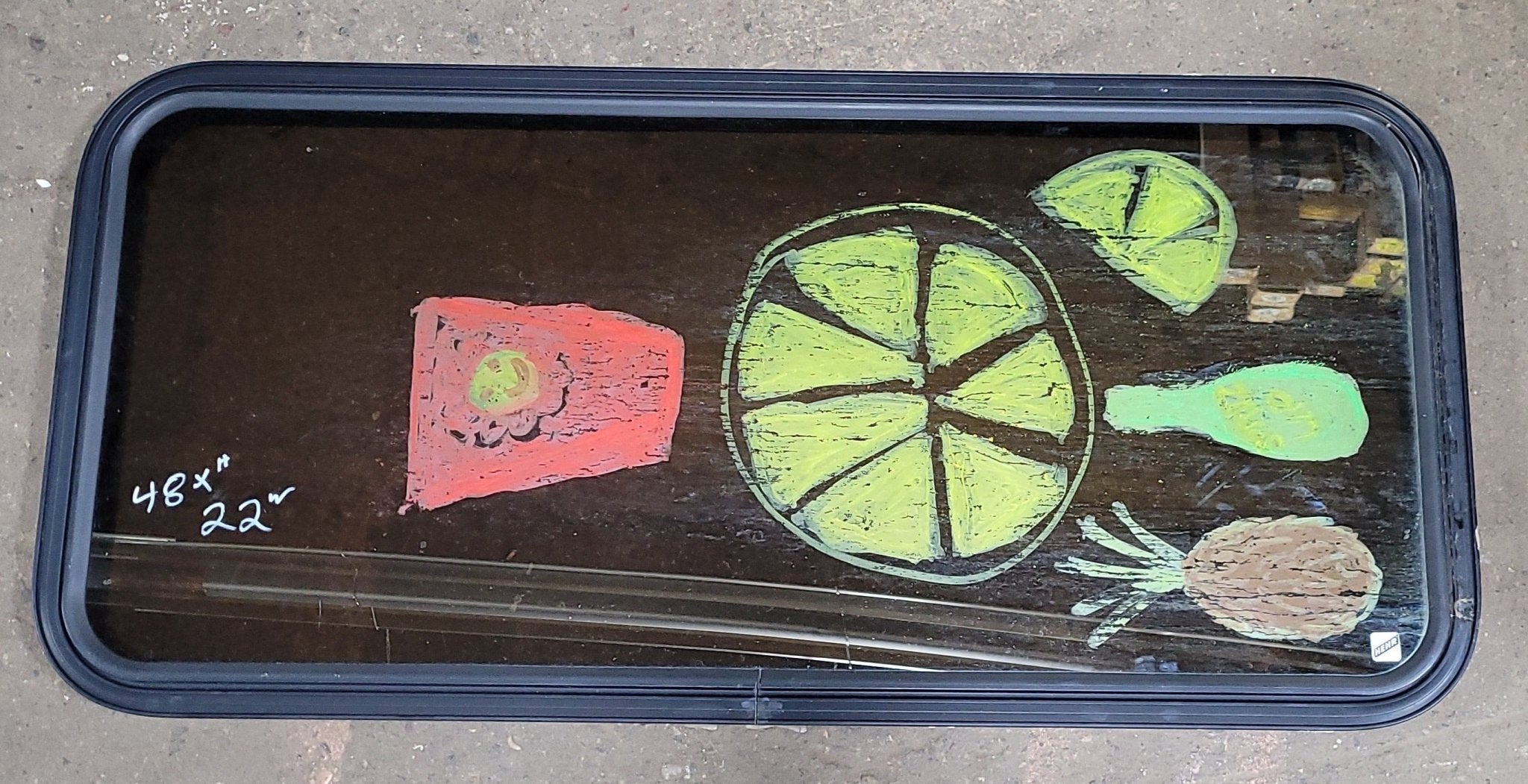 Used Black Radius Non-Opening Window : 47 1/2" W X 21 3/4" H X 1 3/4" D - Young Farts RV Parts