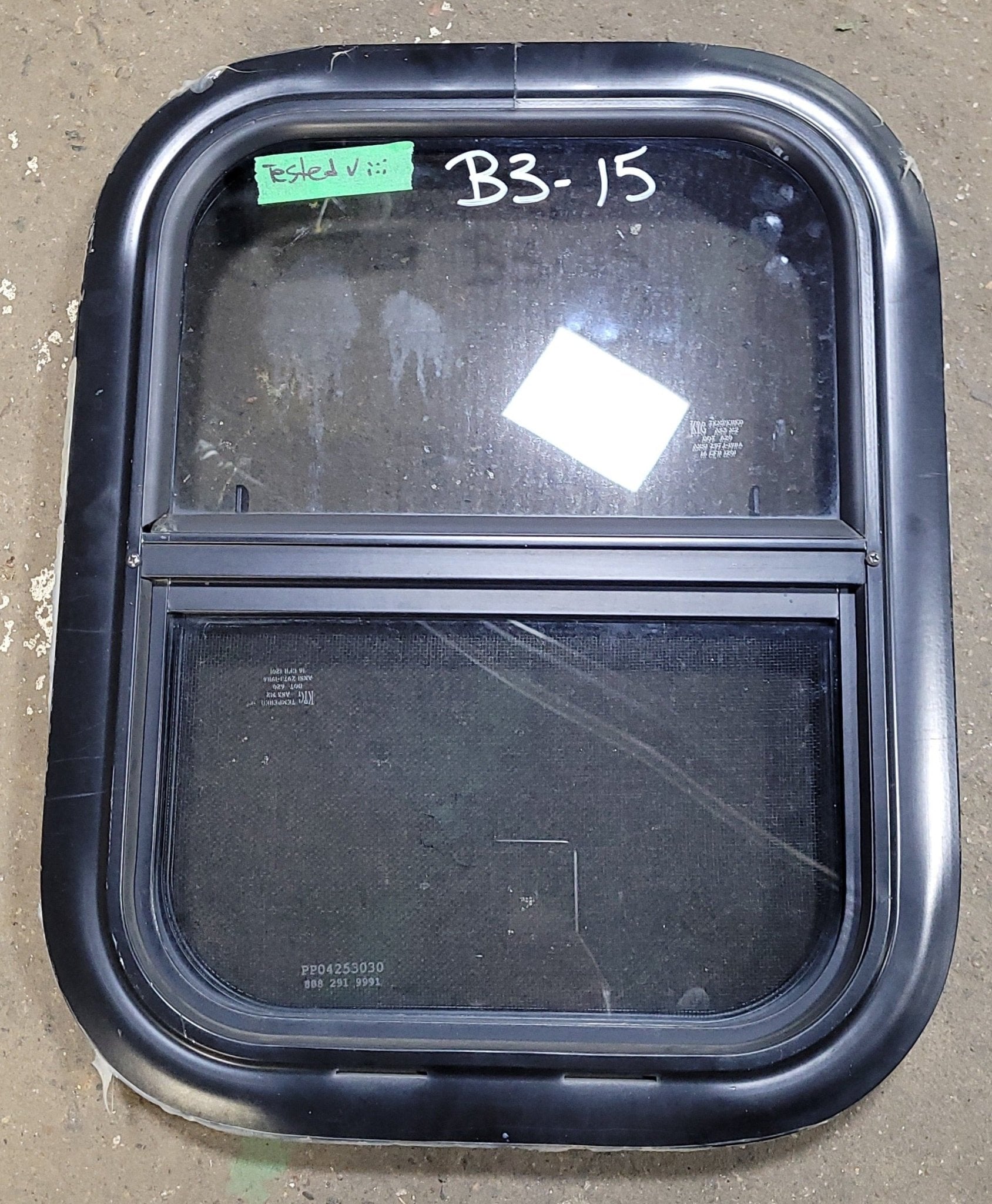 Used Black Radius Opening Window : 13 1/2" W X 17 1/2" H X 2" D - Young Farts RV Parts