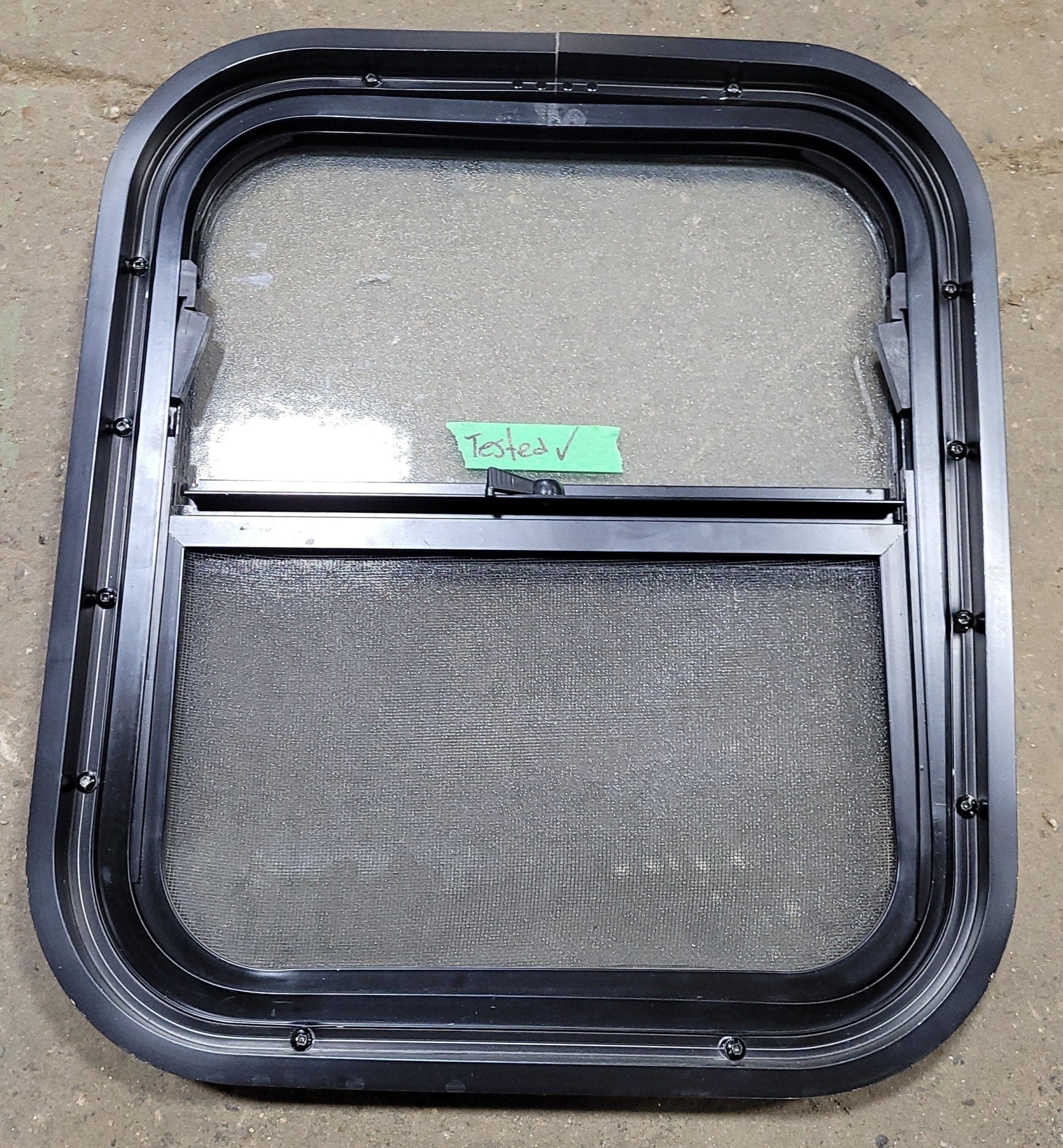 Used Black Radius Opening Window : 15 1/4" W X 17 3/4" H X 2" D - Young Farts RV Parts