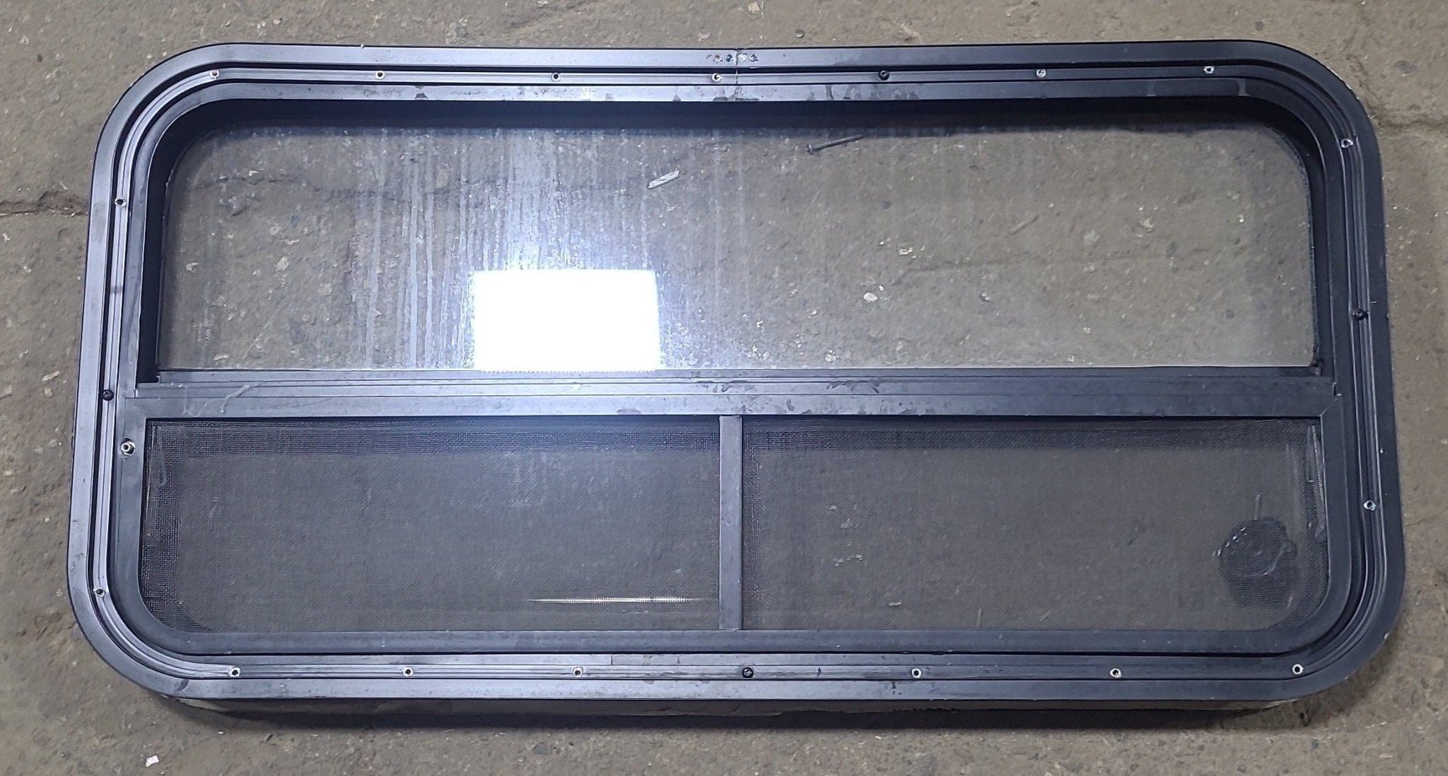 Used Black Radius Opening Window : 35 1/2" W X 17 1/4" H X 1 3/4" D - Young Farts RV Parts