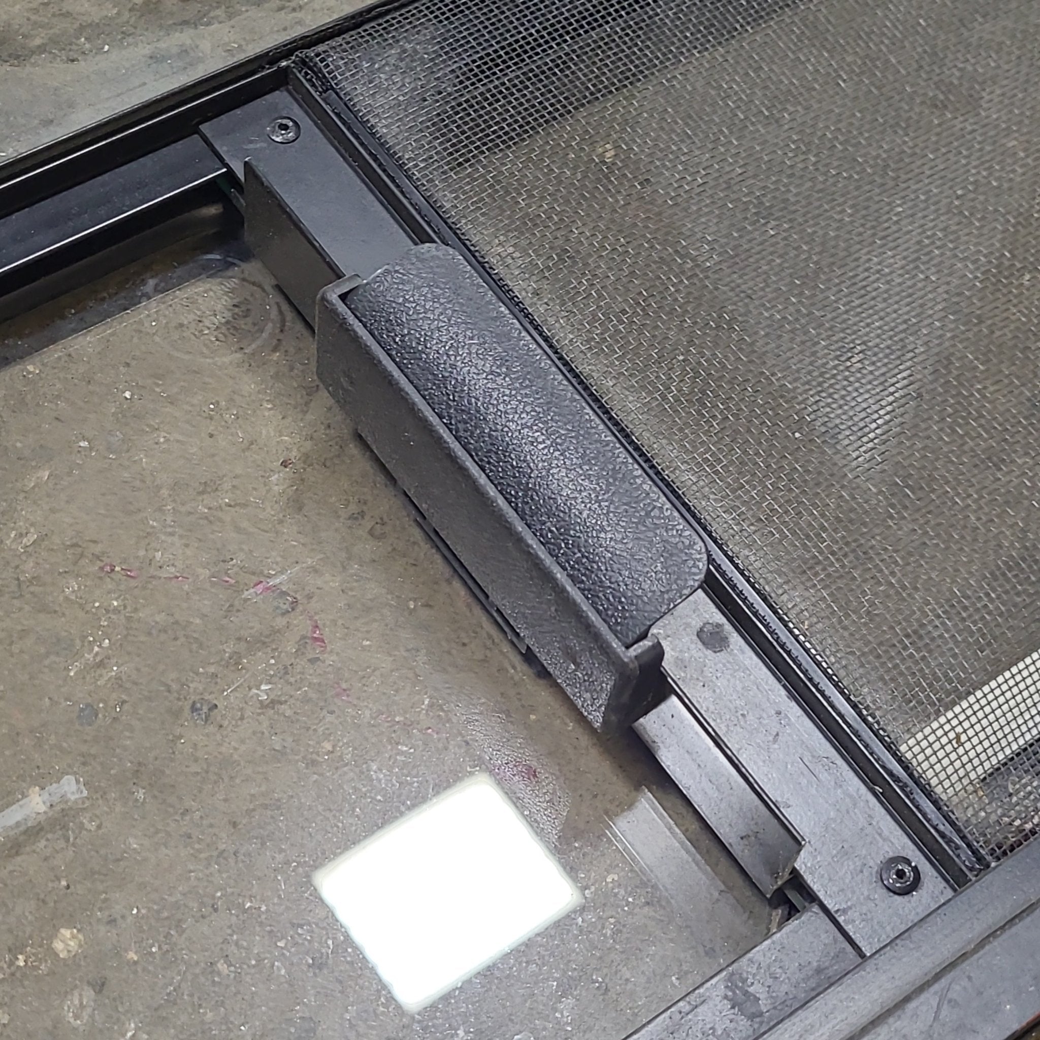 Used Black Radius Opening Window : 47 1/2" W x 22 1/4" H x 1 1/4" D - Young Farts RV Parts