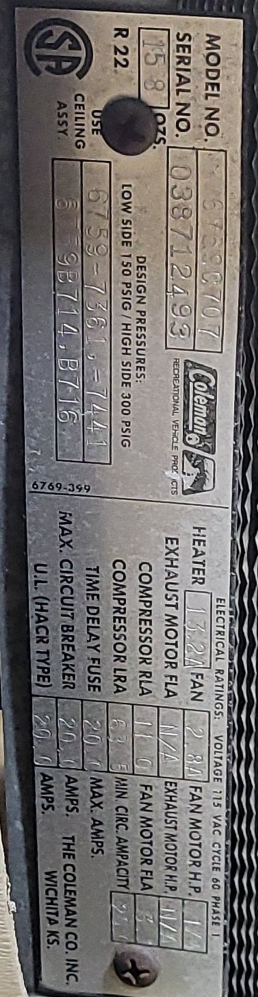 Used Complete Coleman Air conditioner Head Unit 6759C707 | 13500BTU Cool Only - Young Farts RV Parts