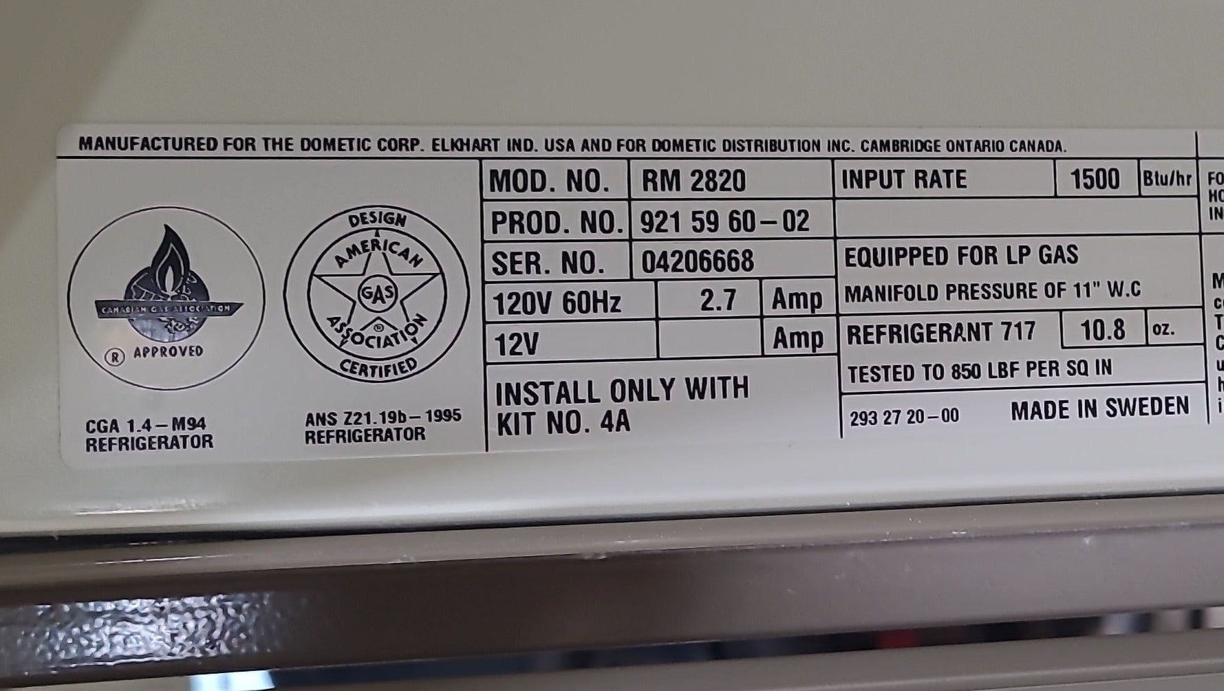 Used Complete Dometic RM2820 Fridge 2-Way - Young Farts RV Parts