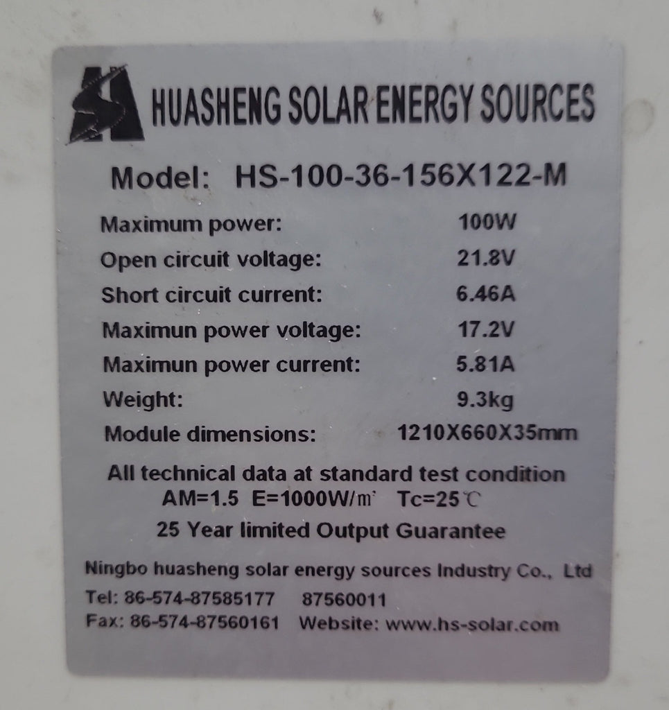 Used Huasheng Solar Panel HS-100-36-156X122-M - Young Farts RV Parts