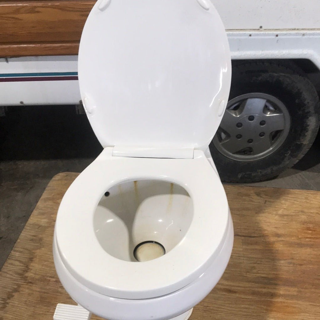 Used Sealand Tall White Foot Flush Toilet 510 with hand sprayer - Young Farts RV Parts