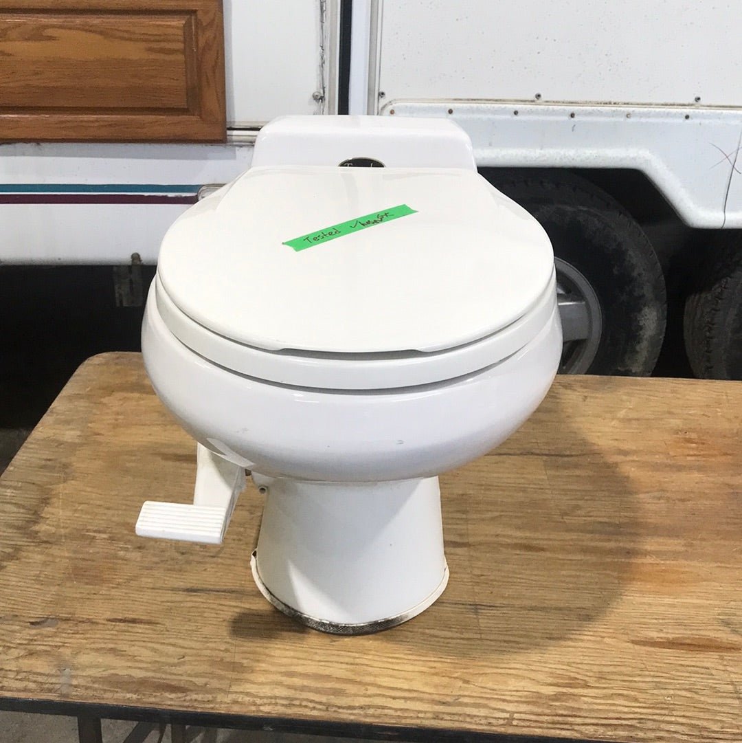 Used Sealand Tall White Foot Flush Toilet 510 with hand sprayer - Young Farts RV Parts