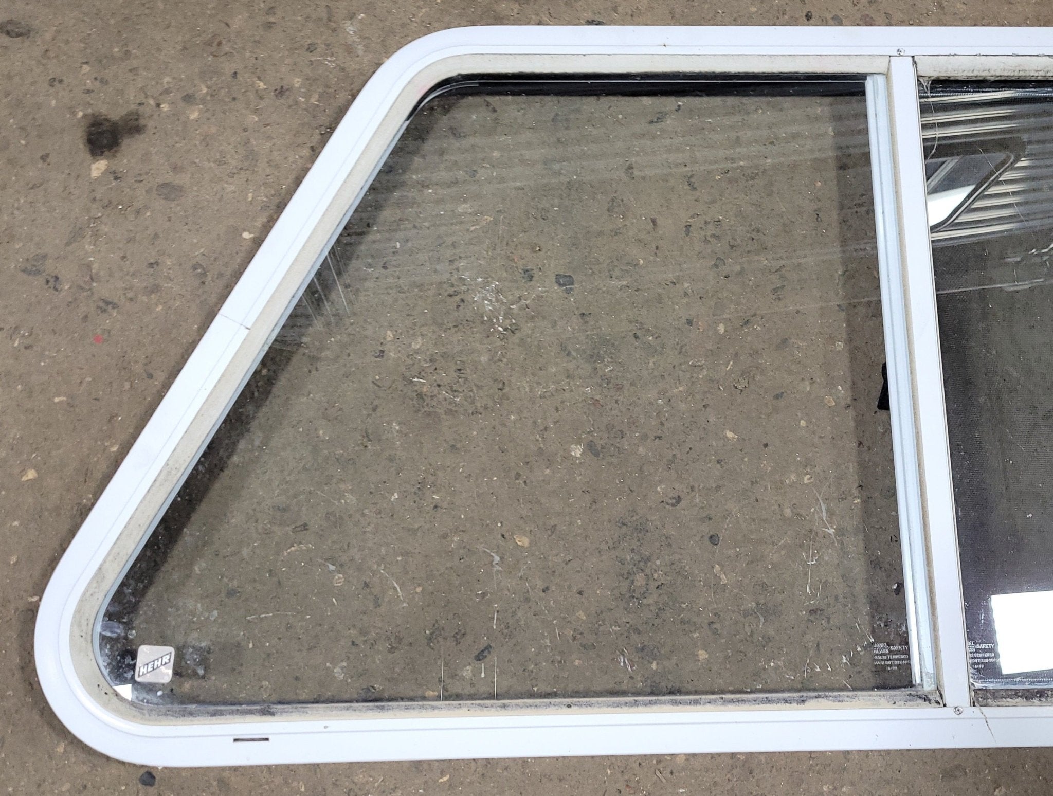 Used Slanted White Radius Opening Window : 21 1/2" H X 41" W X 2" D - Young Farts RV Parts