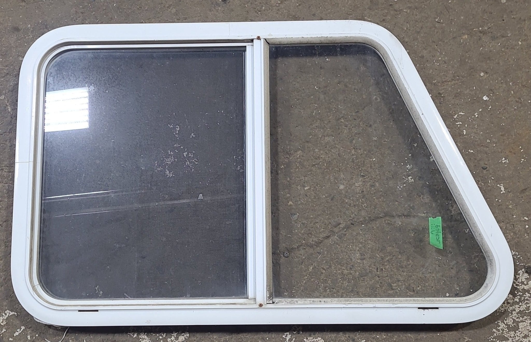 Used Slanted White Radius Opening Window : 21 1/4" H X 35 14" W X 1 1/4" D - Young Farts RV Parts