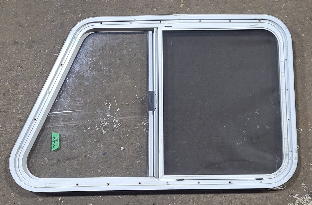 Used Slanted White Radius Opening Window : 21 1/4" H X 35 14" W X 1 1/4" D - Young Farts RV Parts