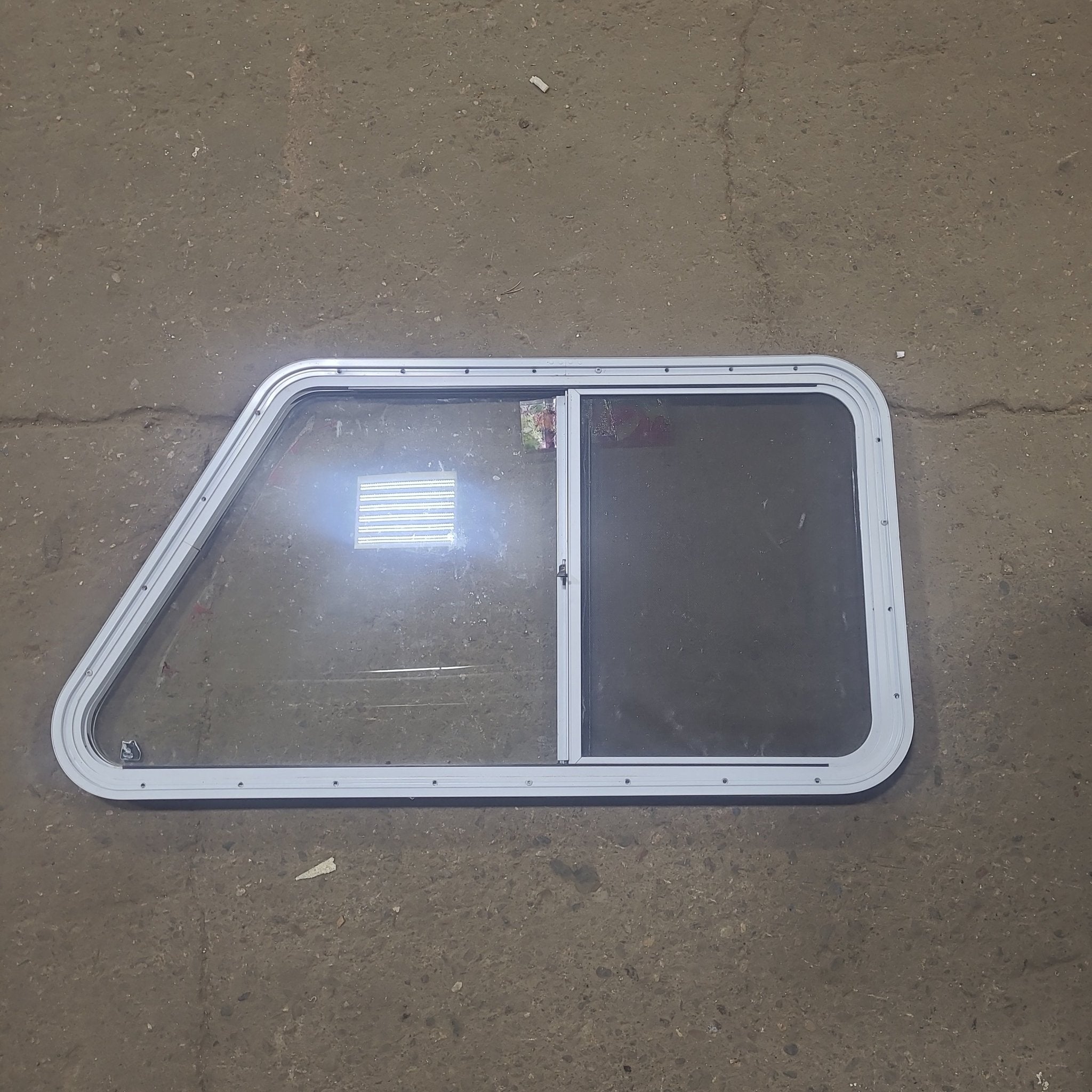 Used Slanted White Radius Opening Window : 40 1/2" W X 21 1/2" H X 1 1/4" D - Young Farts RV Parts