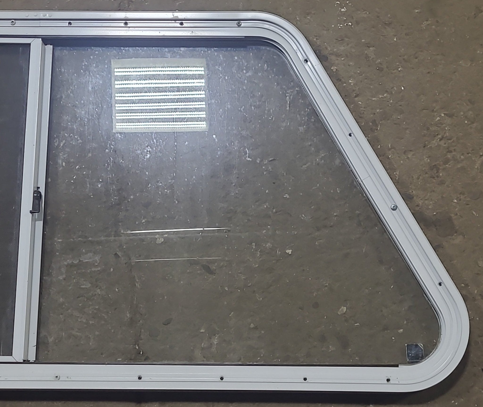 Used Slanted White Radius Opening Window : 41 1/2" W X 21 1/2" H X 1 1/4" D - Young Farts RV Parts