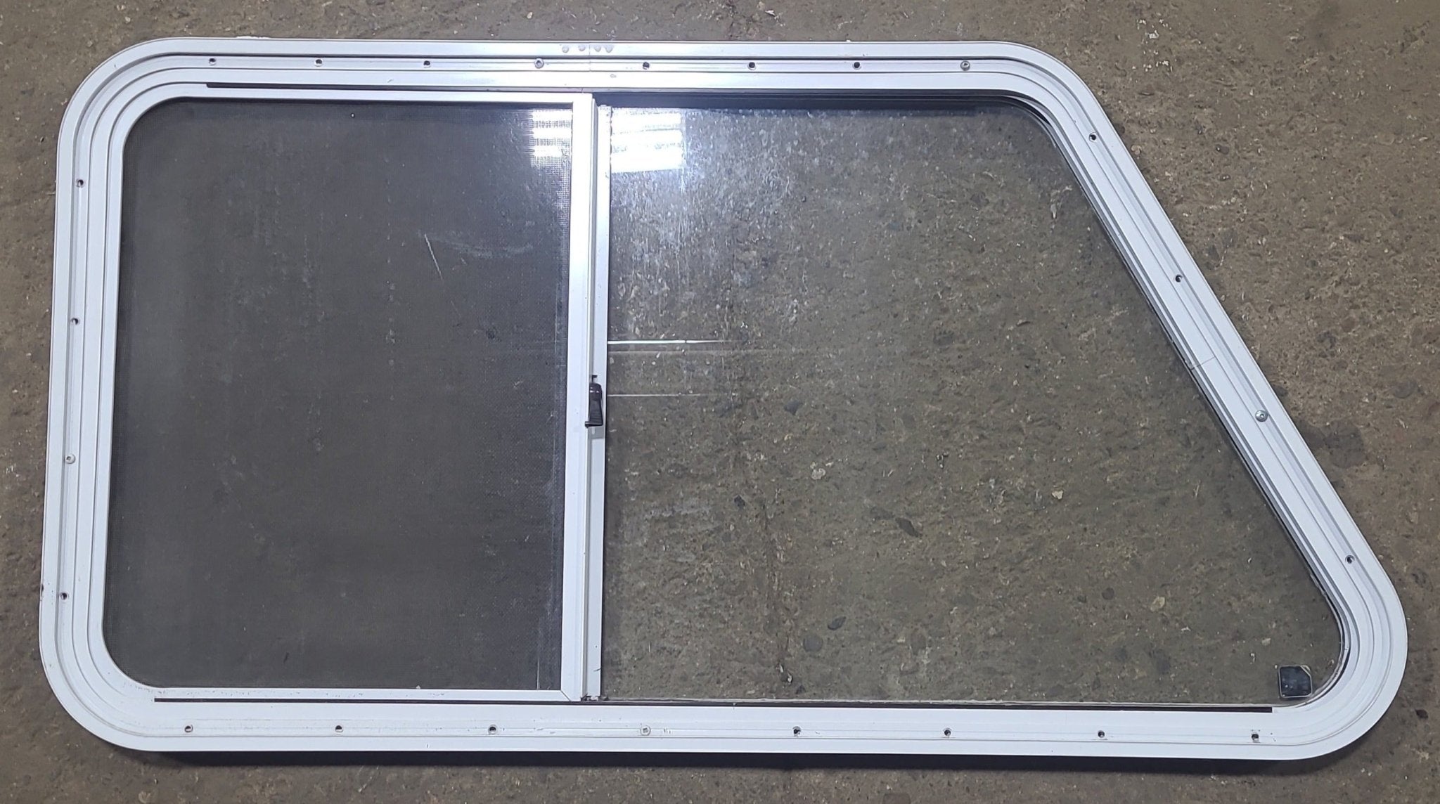 Used Slanted White Radius Opening Window : 41 1/2" W X 21 1/2" H X 1 1/4" D - Young Farts RV Parts