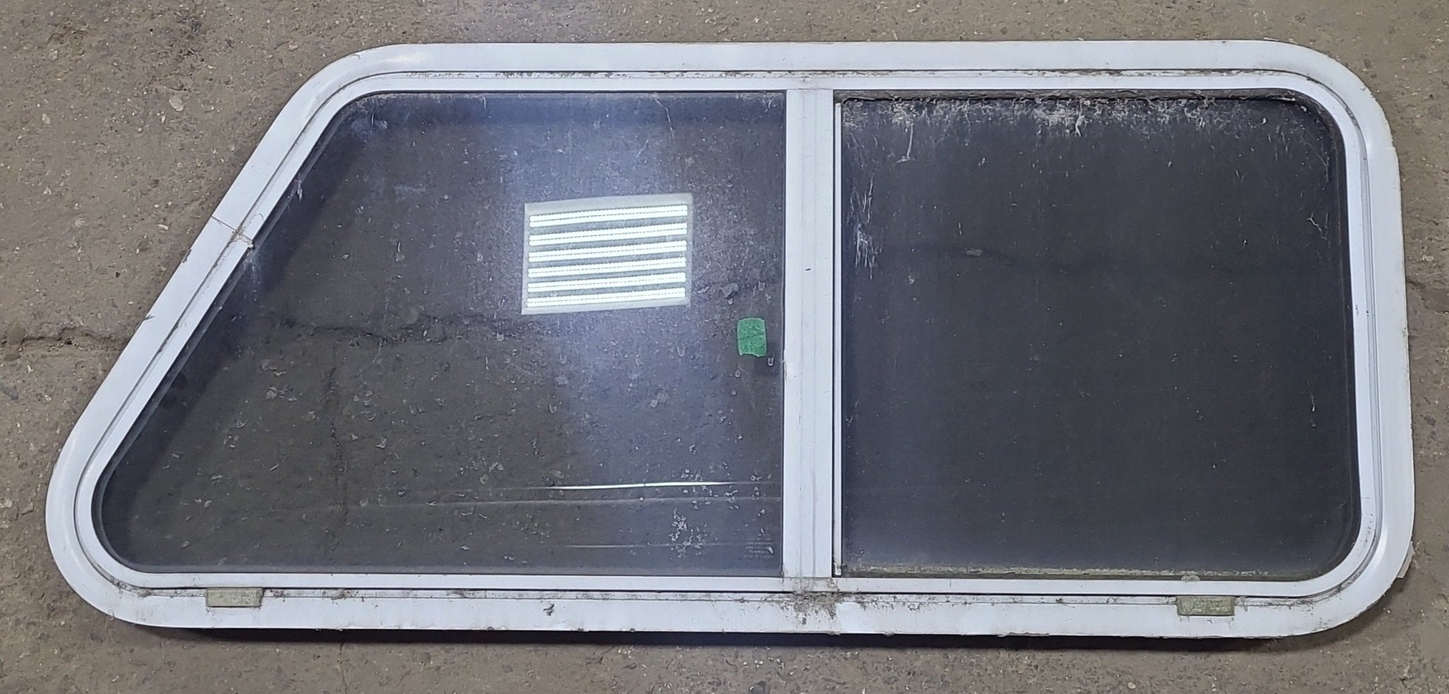 Used Slanted White Radius Opening Window : 41 3/4" W x 17 3/4" H x 2" D - Young Farts RV Parts