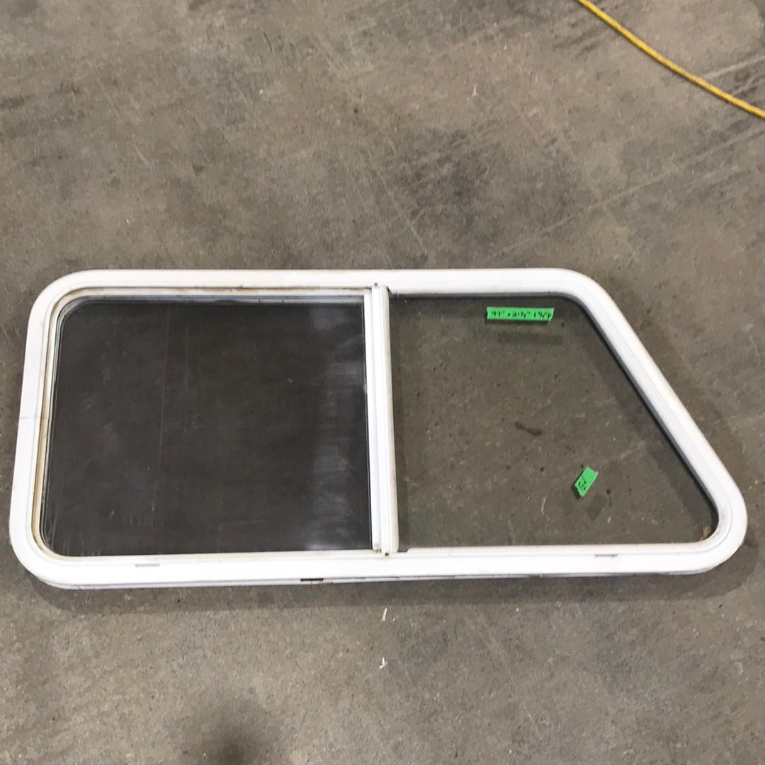 Used Slanted White Radius Opening Window : 47" W x 21 1/2" H x 1 1/2" D - Young Farts RV Parts