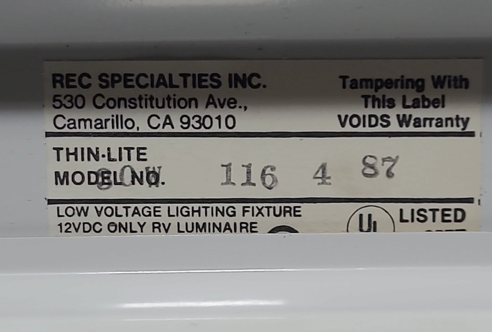 Used Thin-Lite Dual Florescent Light Fixture 116 4 87 - Young Farts RV Parts