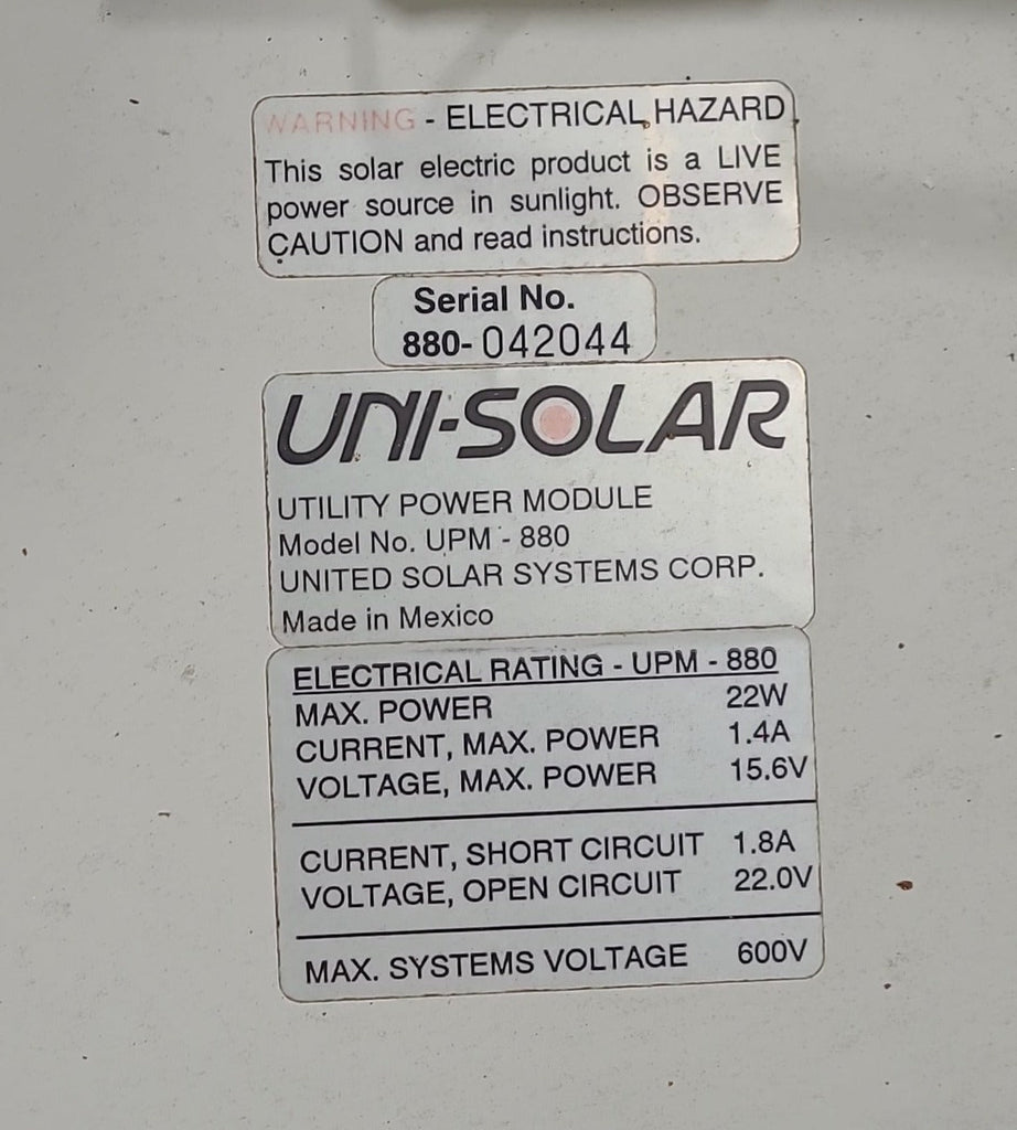 Used Uni-Solar Solar Panel UPM-880 - 22 WATT - Young Farts RV Parts