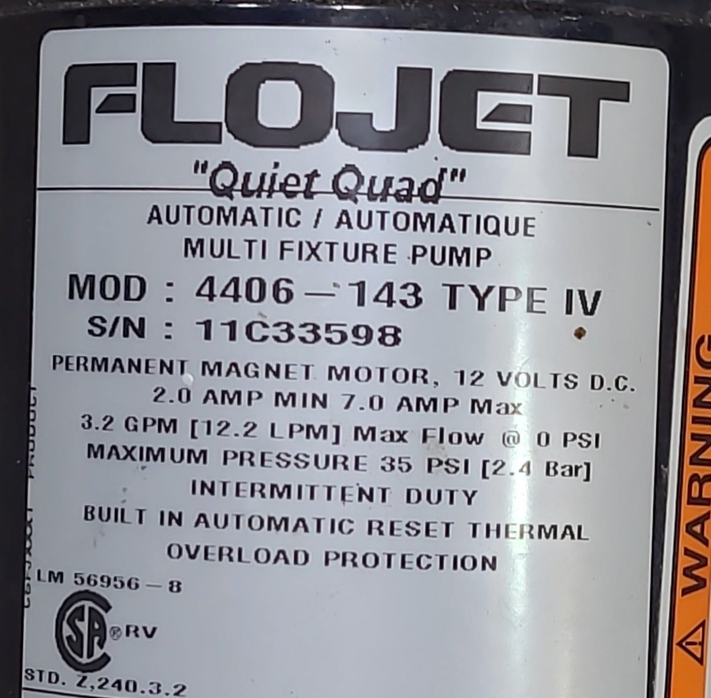 Used Water Pump FLOJET Model 4406-143 Type IV - Young Farts RV Parts