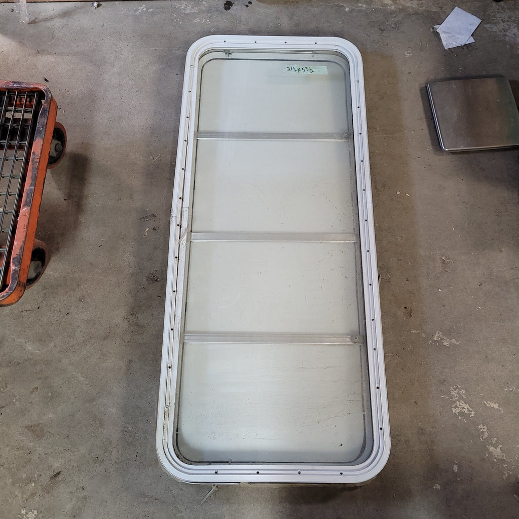 Used White Radius Non-Opening Window With Rock Guard Cover : 53 1/2 X 21 1/2 X 2" D - Young Farts RV Parts