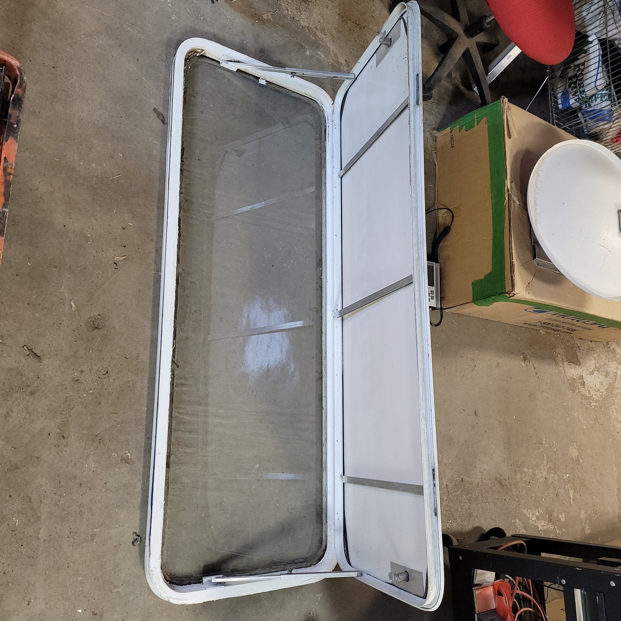 Used White Radius Non-Opening Window With Rock Guard Cover : 59 1/2 X 21 X 2" D - Young Farts RV Parts