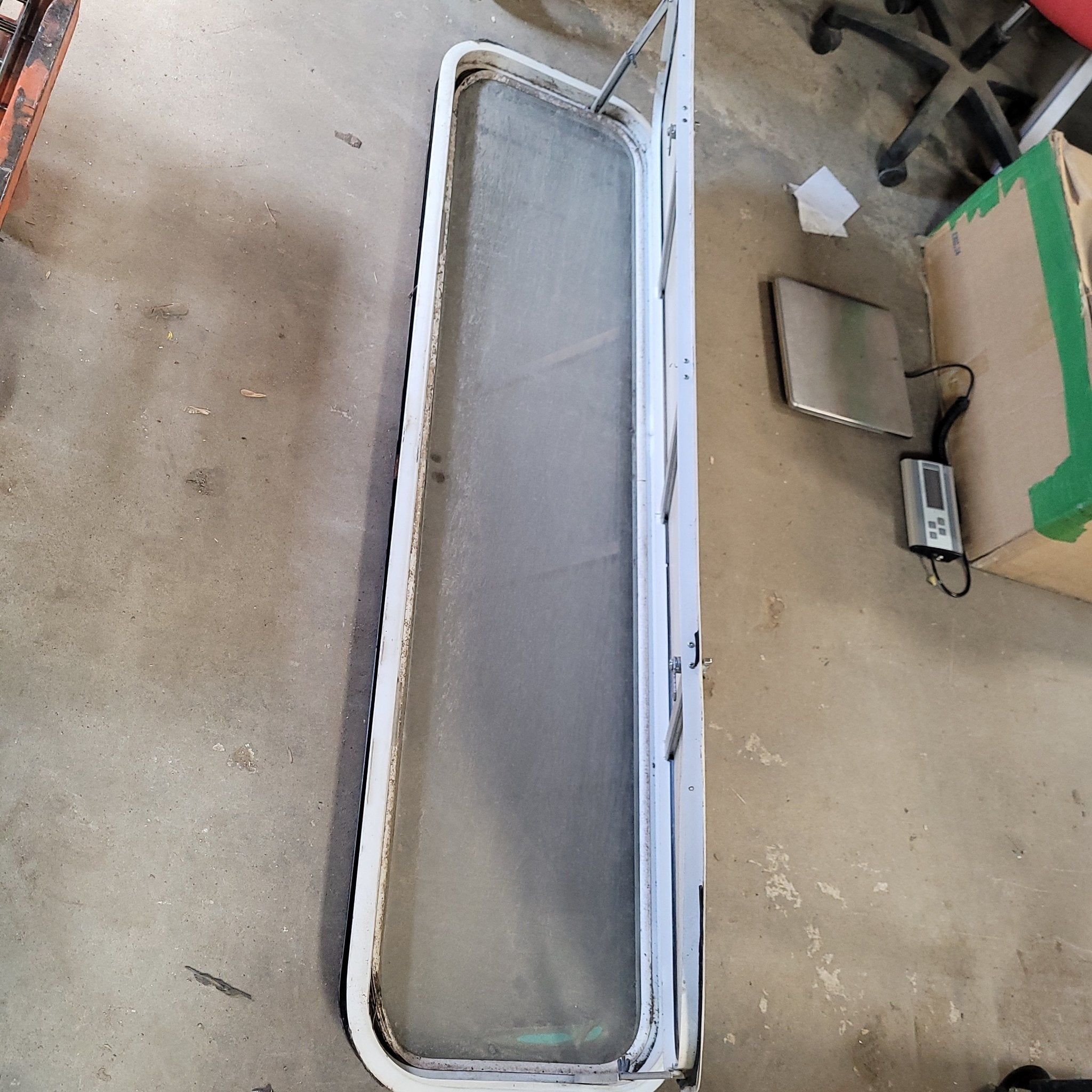 Used White Radius Non-Opening Window With Rock Guard Cover : 60 X 15 X 2" D - Young Farts RV Parts