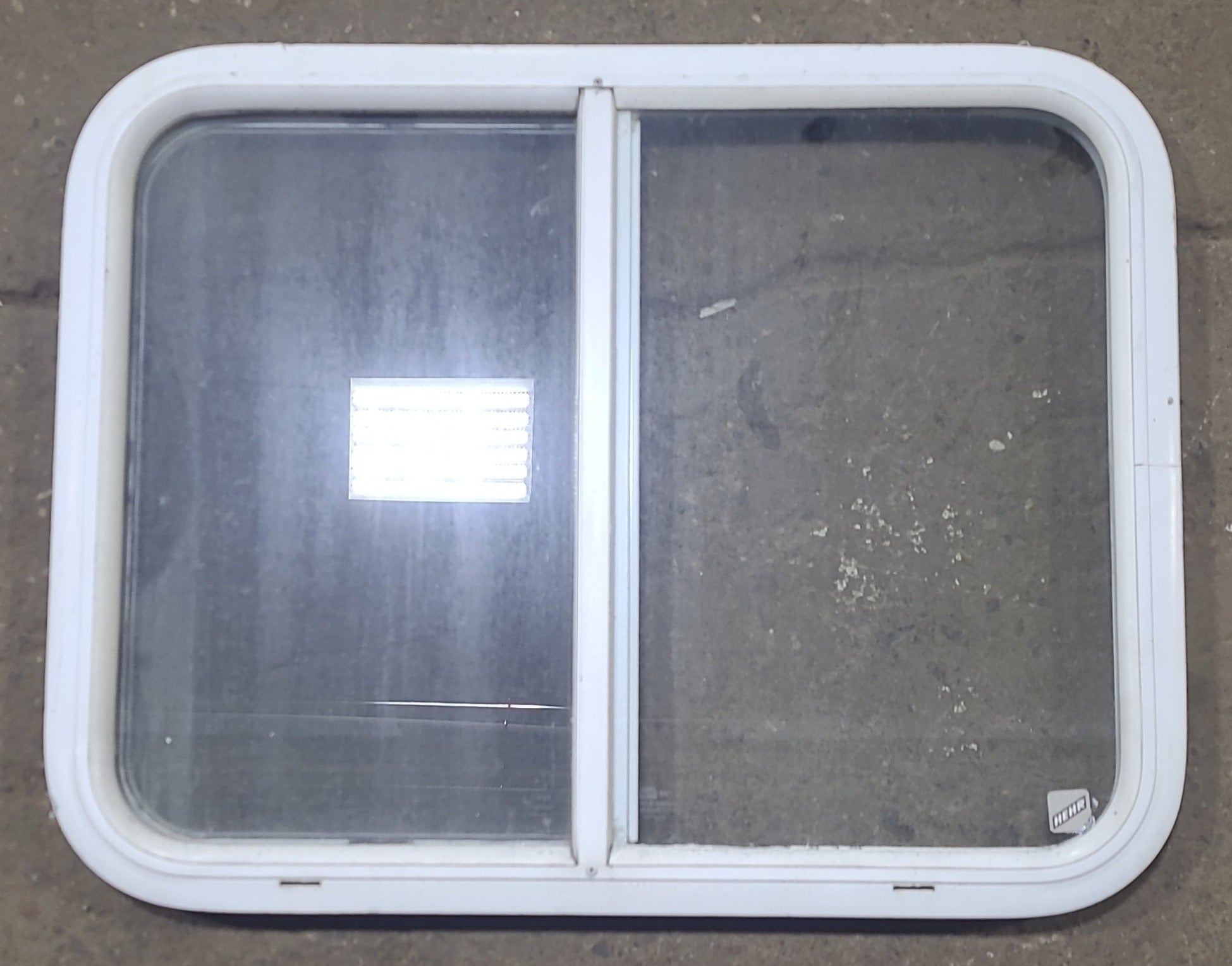 Used White Radius Opening Window : 26 1/2" W x 20 1/2" H x 1 1/4" D - Young Farts RV Parts