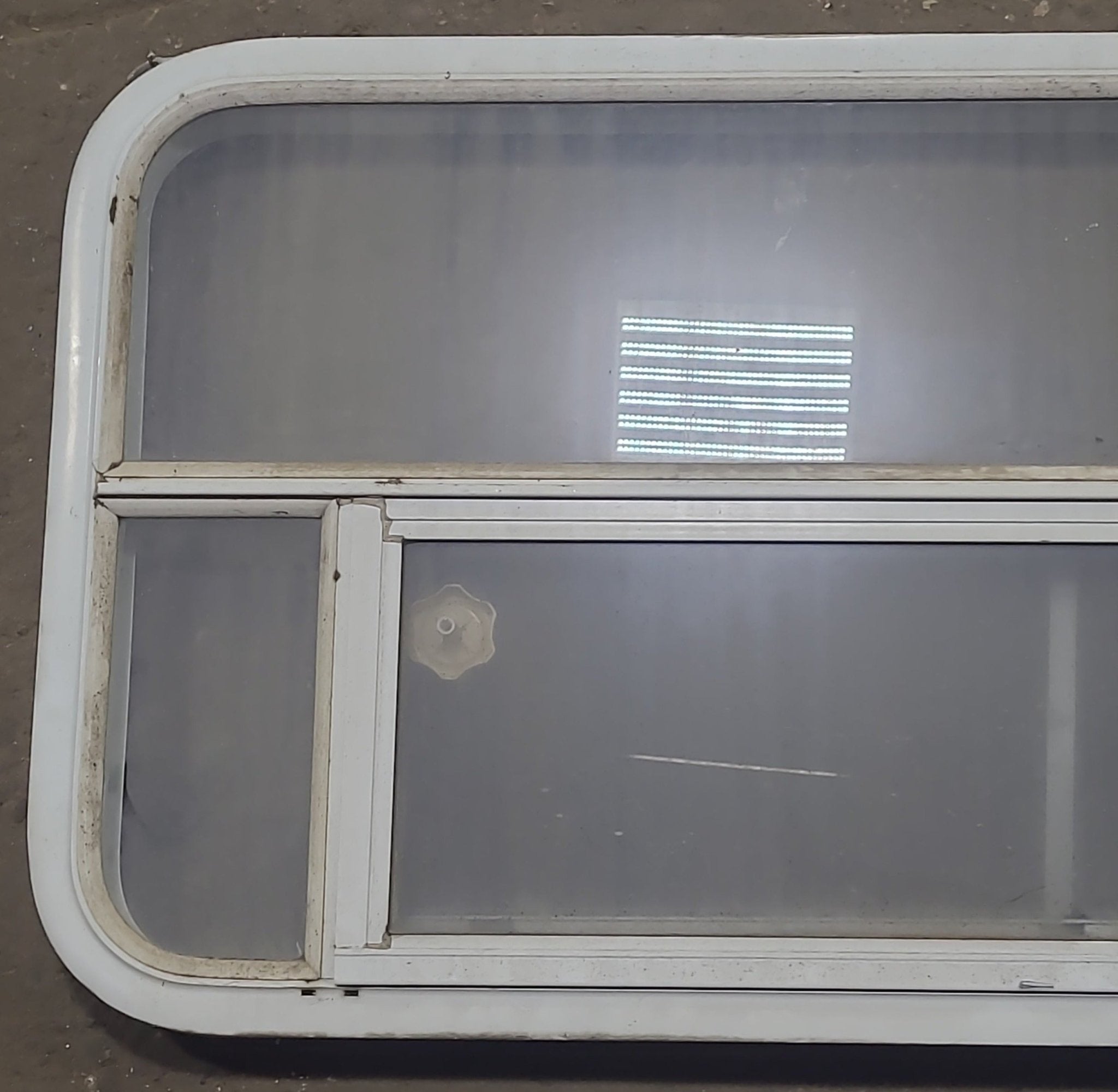 Used White Radius Opening Window : 45 1/2" W x 21 1/2" H x 2" D - Young Farts RV Parts