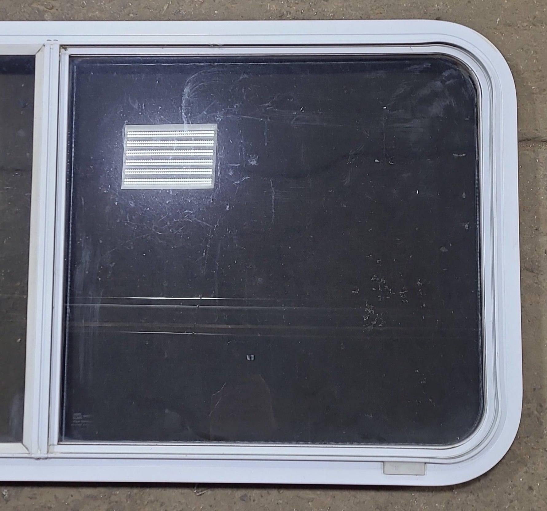 Used White Radius Opening Window : 45 1/4" W x 21 1/2" H x 1 3/4" D - Young Farts RV Parts