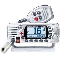 VHF Radio Standard Horizon GX1400W Eclipse; Fixed Mount; United States/ Canadian/ International Channels; 25 Watts; NOAA Weather Channels With Alert; Without GPS Capability; High Resolution Dot Matrix LCD Display; White; Class D DSC With Separate Receiver - Young Farts RV Parts