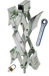 Wheel Chock Ultra-Fab Products 21-001090 Super Grip, For Use With Tandem Axle Trailers, Scissors Type, Steel, With Ratchet Wrench and Padlock, Collapses to 1" And Expands Up to 10-1/2" - Young Farts RV Parts